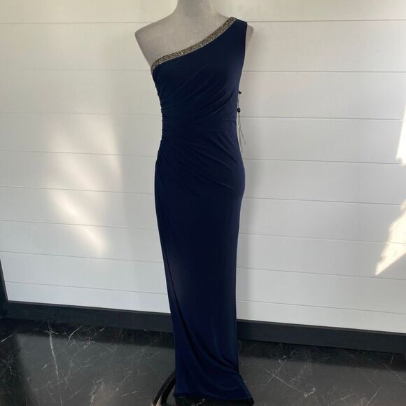 Adrianna Papell One-Shoulder Jersey Gown Navy Blue Sz 2 - Picture 2 of 13